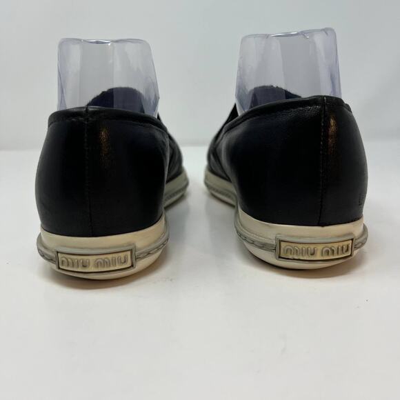 Miu Miu Loafers Women's 38.5 Black Leather Silver Toe Cap Slip On Luxury Shoes - Picture 8 of 16